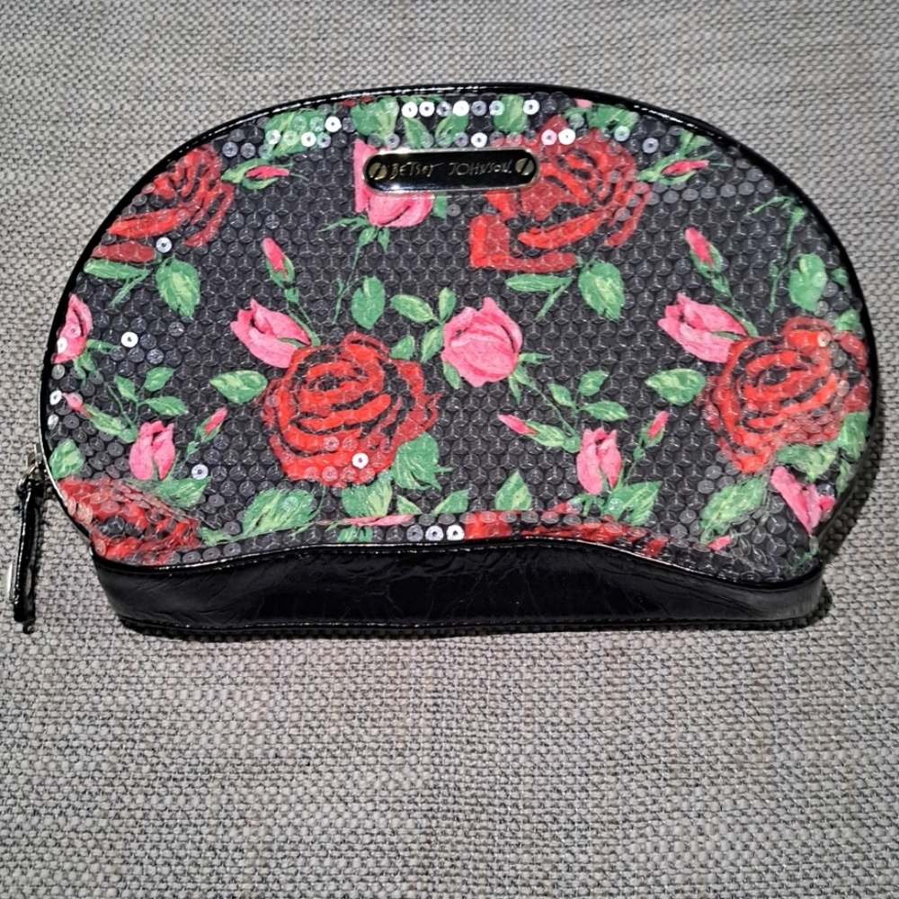 Betsey Johnson Black Floral Sequin Cosmetic Pouch